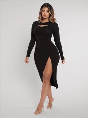 Sleek Black Long-Sleeve Midi Dress with Chest Cutout and Side Slit